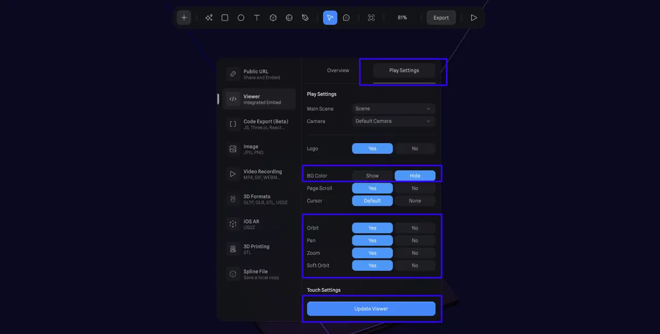 Spline Play settings