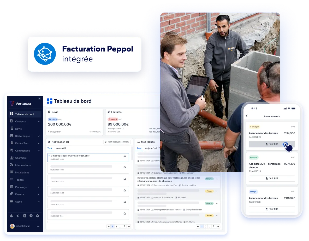 visuel du tableau de bord et de l'application Vertuoza