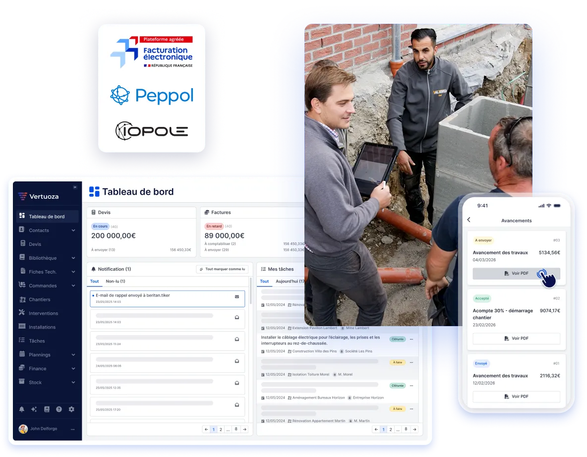 visuel du tableau de bord et de l'application Vertuoza