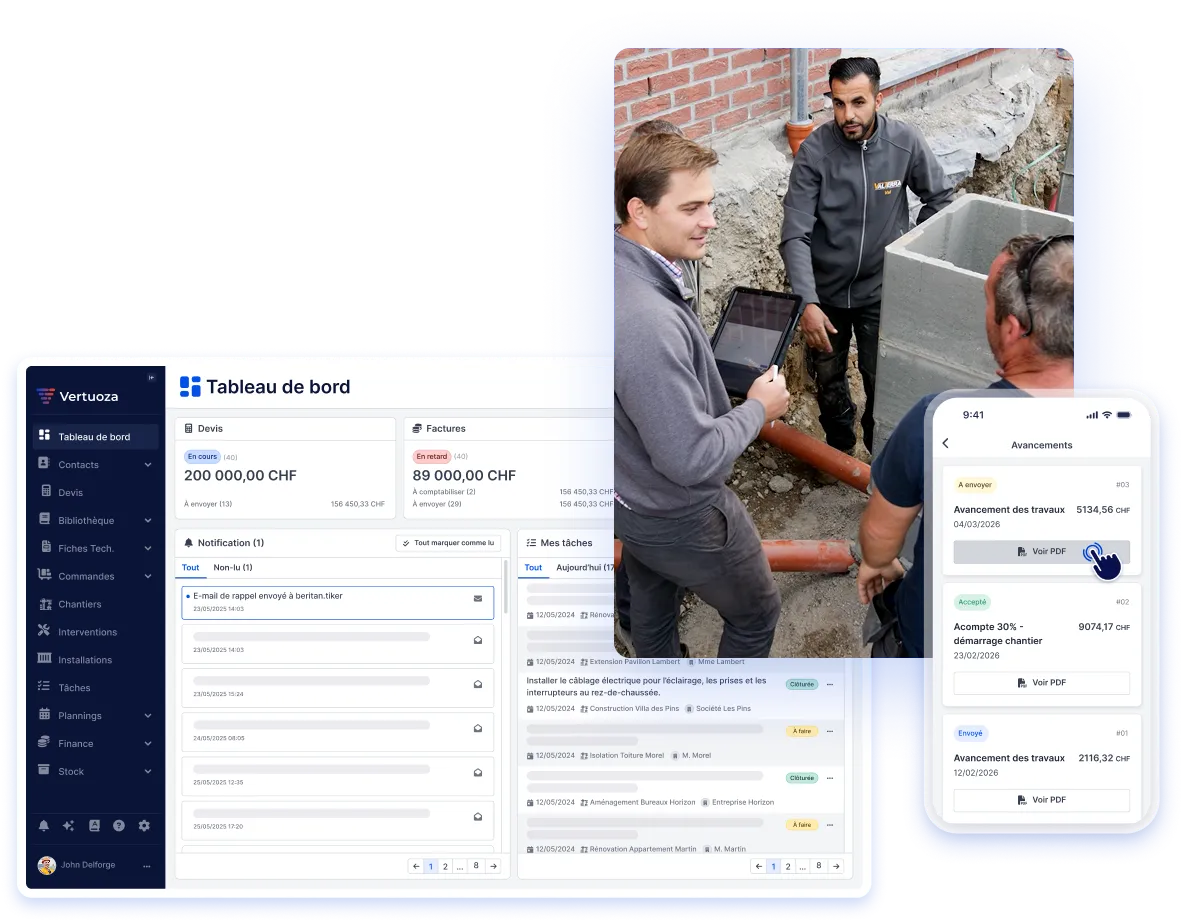 visuel du tableau de bord et de l'application Vertuoza