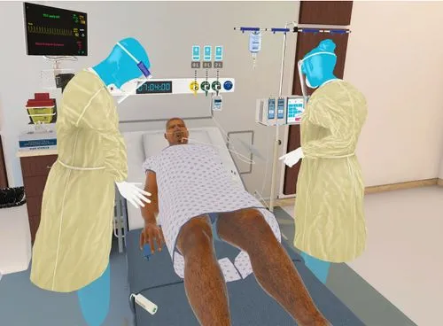 Two nurses with a patient in a virtual reality hospital room