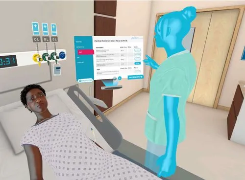 Nurse with adult patient in virtual reality hospital room