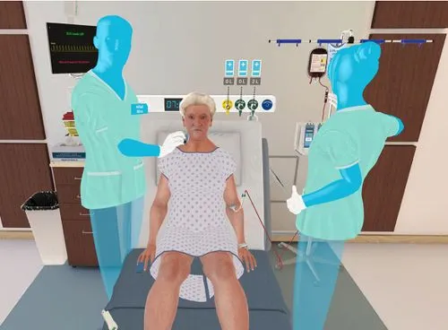 Two nurses with an elderly patient in a virtual reality hospital room