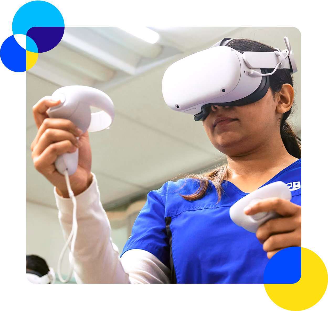 a woman wearing virtual reality goggles