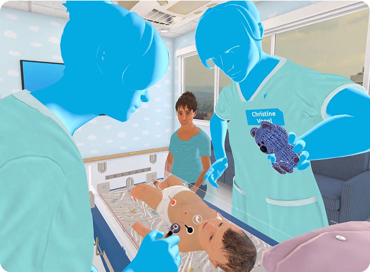 a group of people in a room with a baby