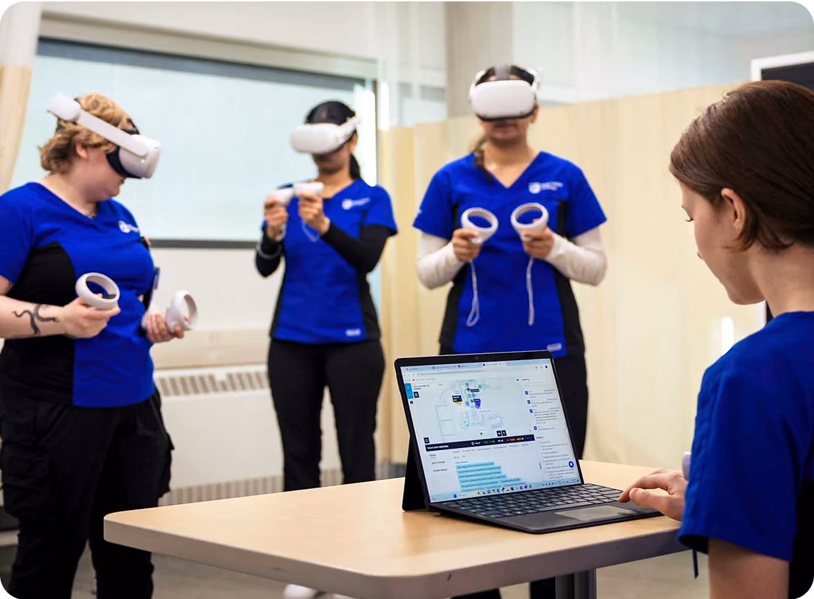 a group of people wearing virtual reality goggles