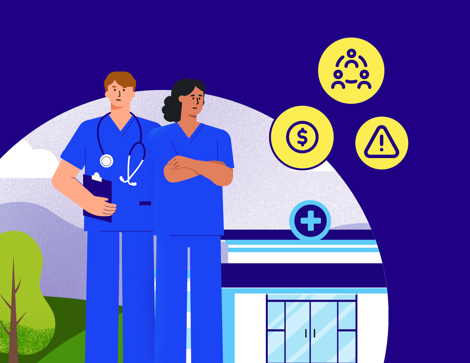 Nurses and hospital building illustration