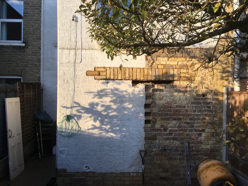 Exterior of a brick building wall partially whitewashed, with shadows of tree branches and garden tools leaning against the wall.