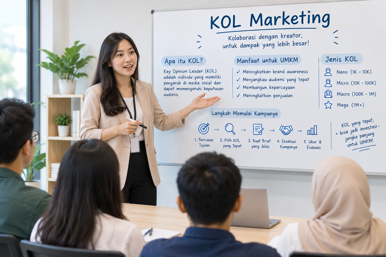 Presentasi strategi KOL marketing untuk UMKM di depan tim