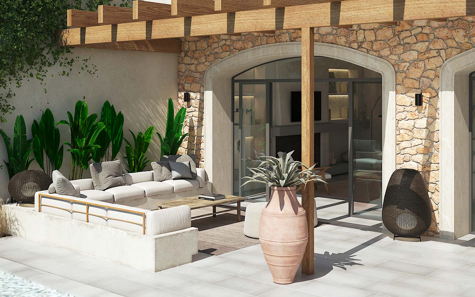 Render of refined townhouse pergola terrace