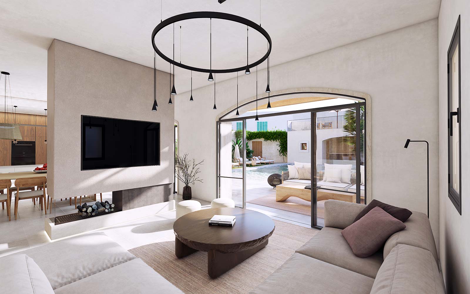 Render of refined townhouse living room