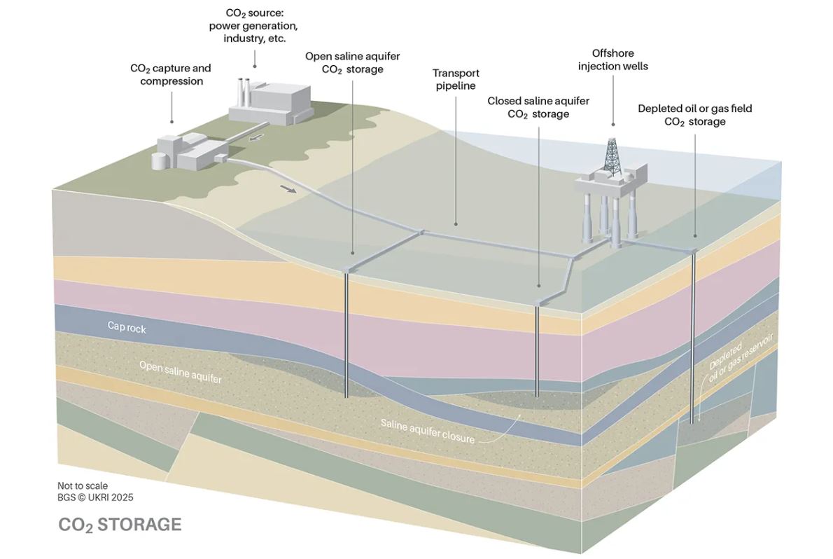 Captured CO₂ from industrial facilities is compressed, transported by pipeline and injected deep underground into porous rock formations beneath the seabed, where it is sealed beneath impermeable cap rock.