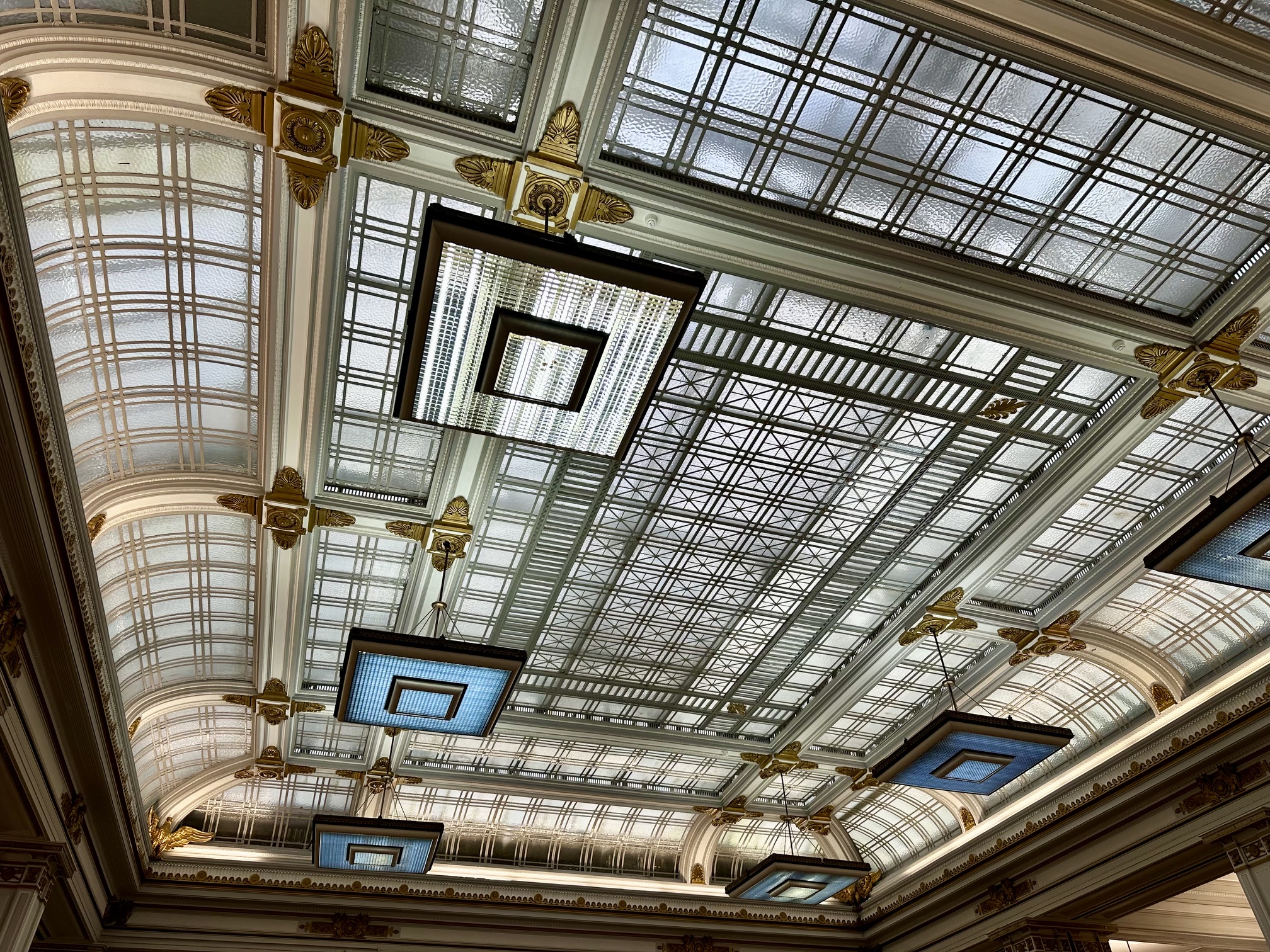The opulent ceiling of the Cunard Building's Arrival Hall