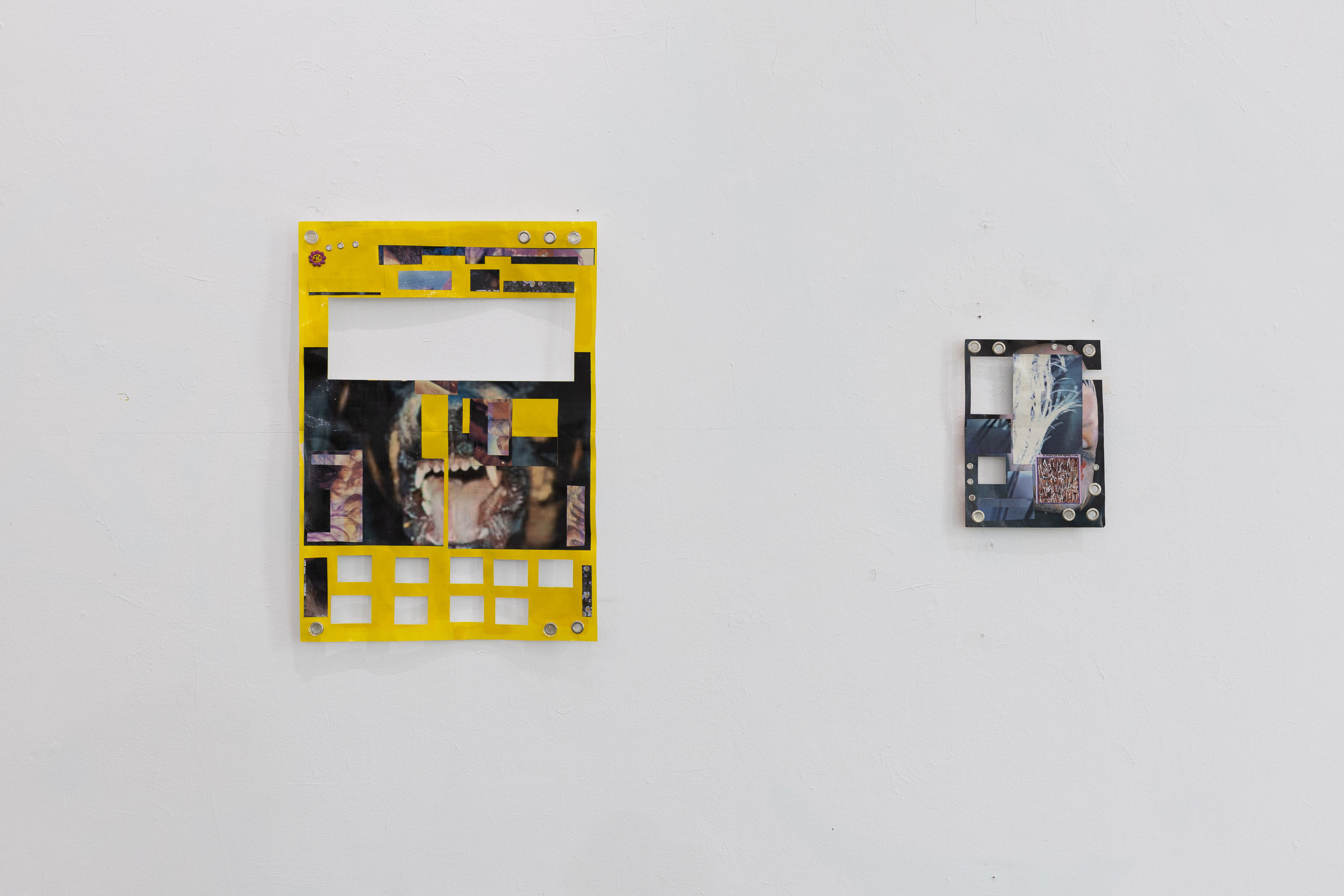David Steans, (L) ‘Natural Life’, 2025, emulsion, inkjet, loom charm, eyelets, collage, acrylic medium on paper, 297mm x 420mm. (R) ‘Friendly Note’, 2025, pen, metallic ink, eyelets, collage, acrylic medium on paper, 139.5mm x 188.3mm. Photo: Jules Lister
