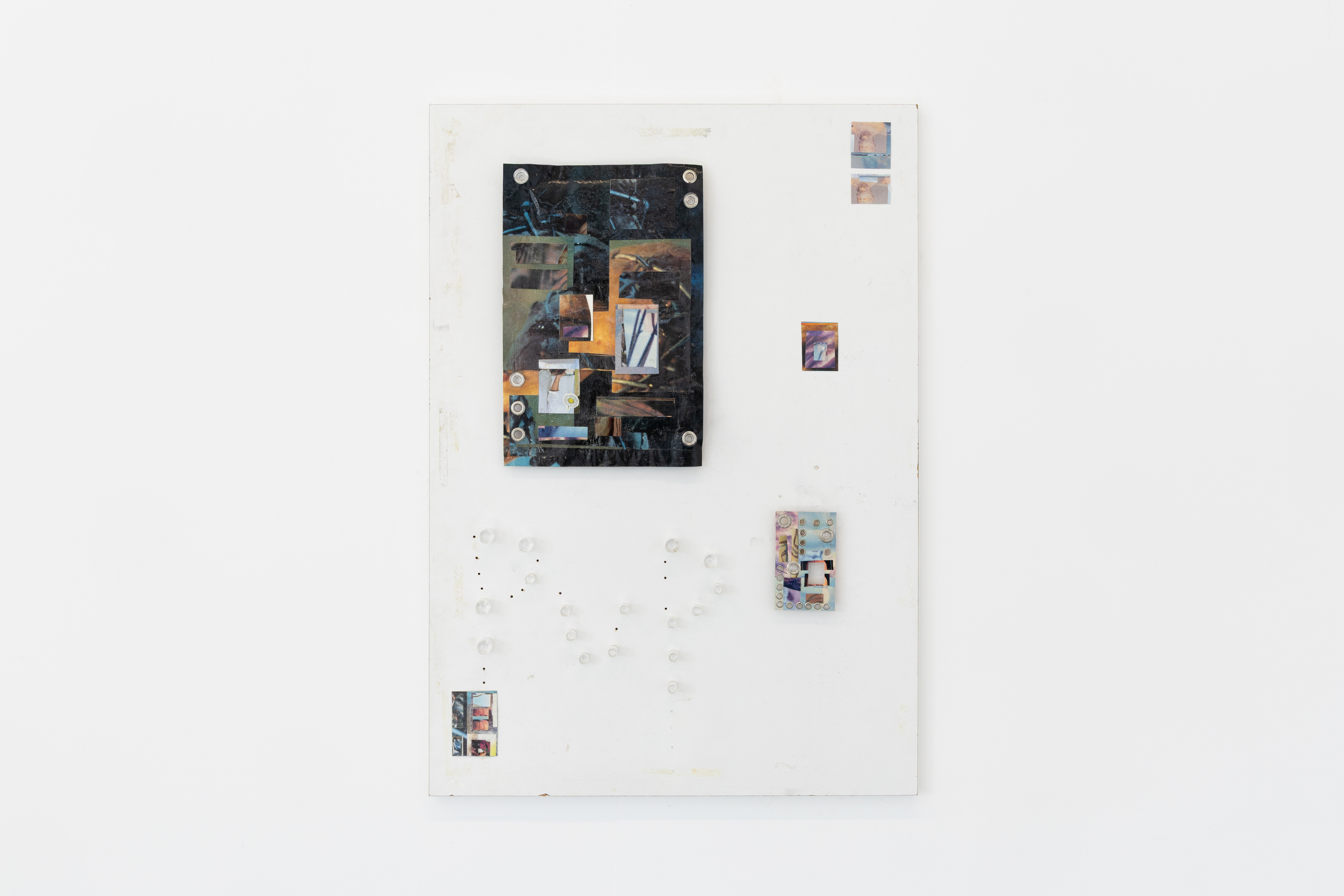 David Steans, 'Pup', 2026, found laminate drawing board, collage on paper, acrylic medium, eyelets, acrylic standoffs, 650mm x 920mm. Image: Jules Lister