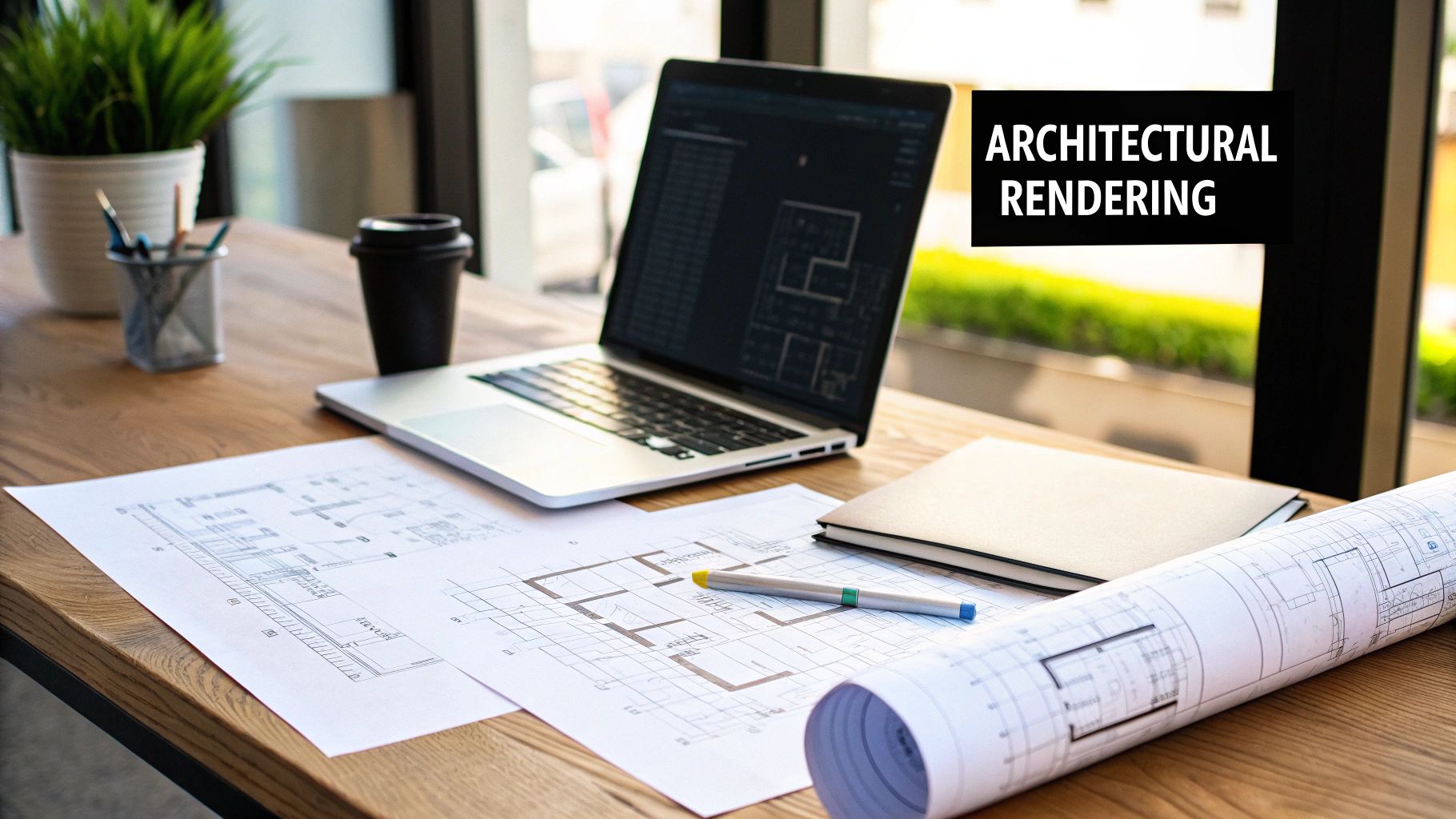 A detailed architectural rendering of a modern building's interior lobby and exterior view