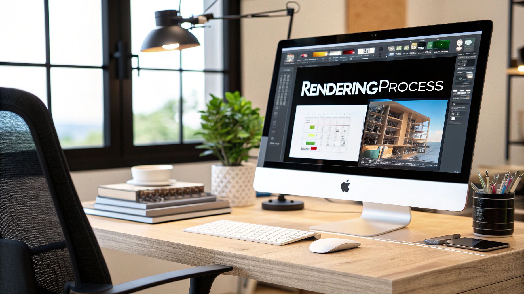 A stunningly realistic 3D rendered lifestyle scene showing a modern sofa in a well-lit, stylish living room.