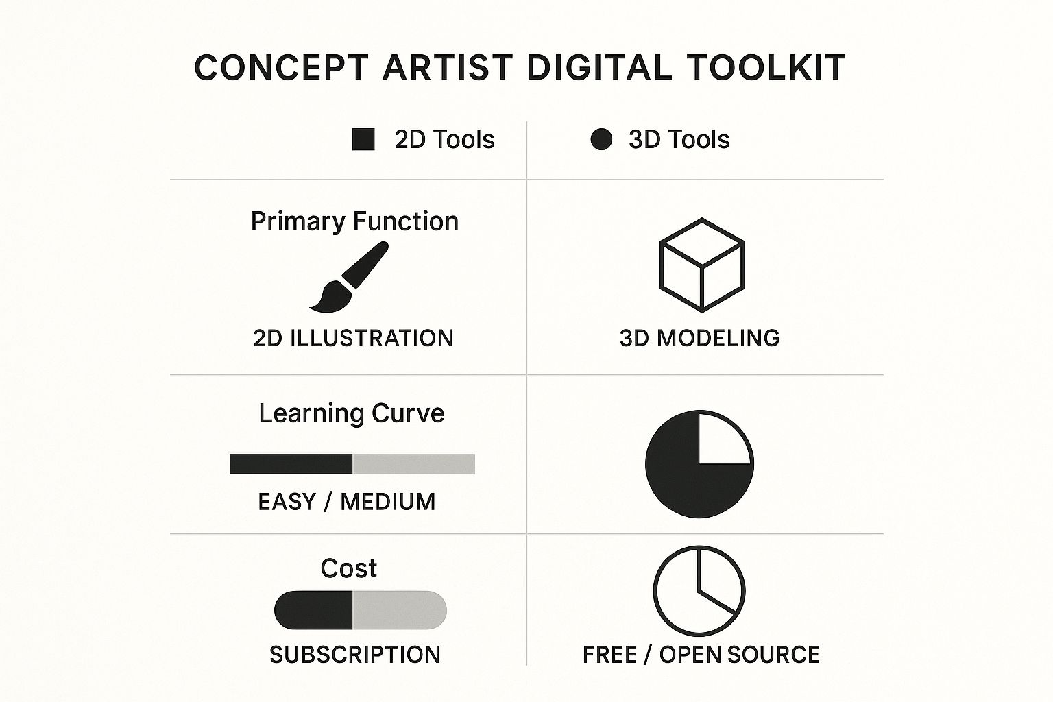 Infographic comparing 2D and 3D digital art tools for game concept artists.