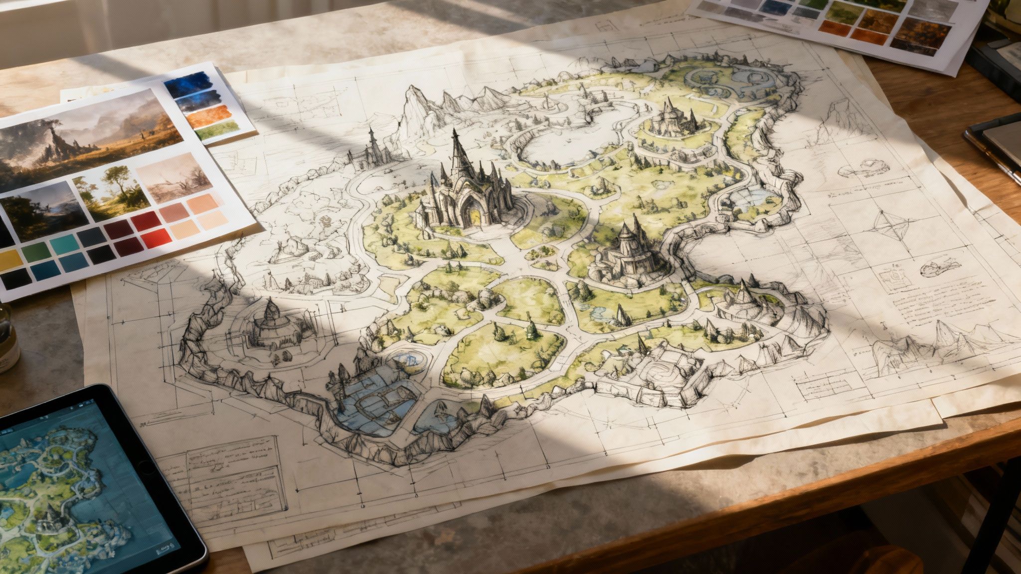 A detailed concept art illustration showing a futuristic character in a dynamic pose.