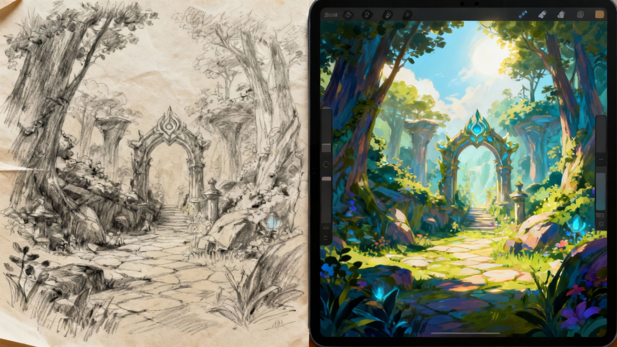 An artistic illustration blending traditional sketch art with a futuristic digital interface.