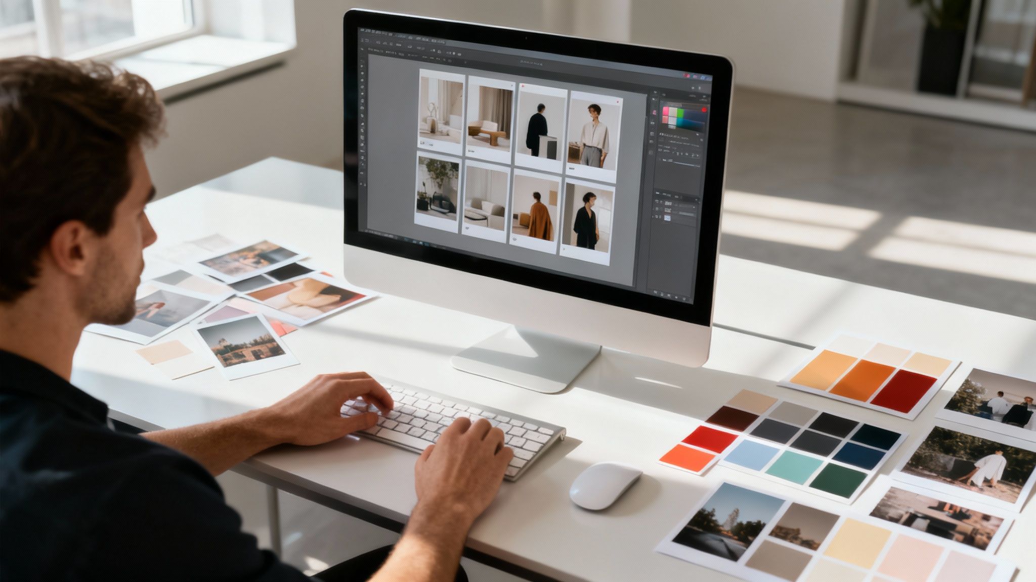 An AI interface showing generated visual assets on a screen, with a designer observing.
