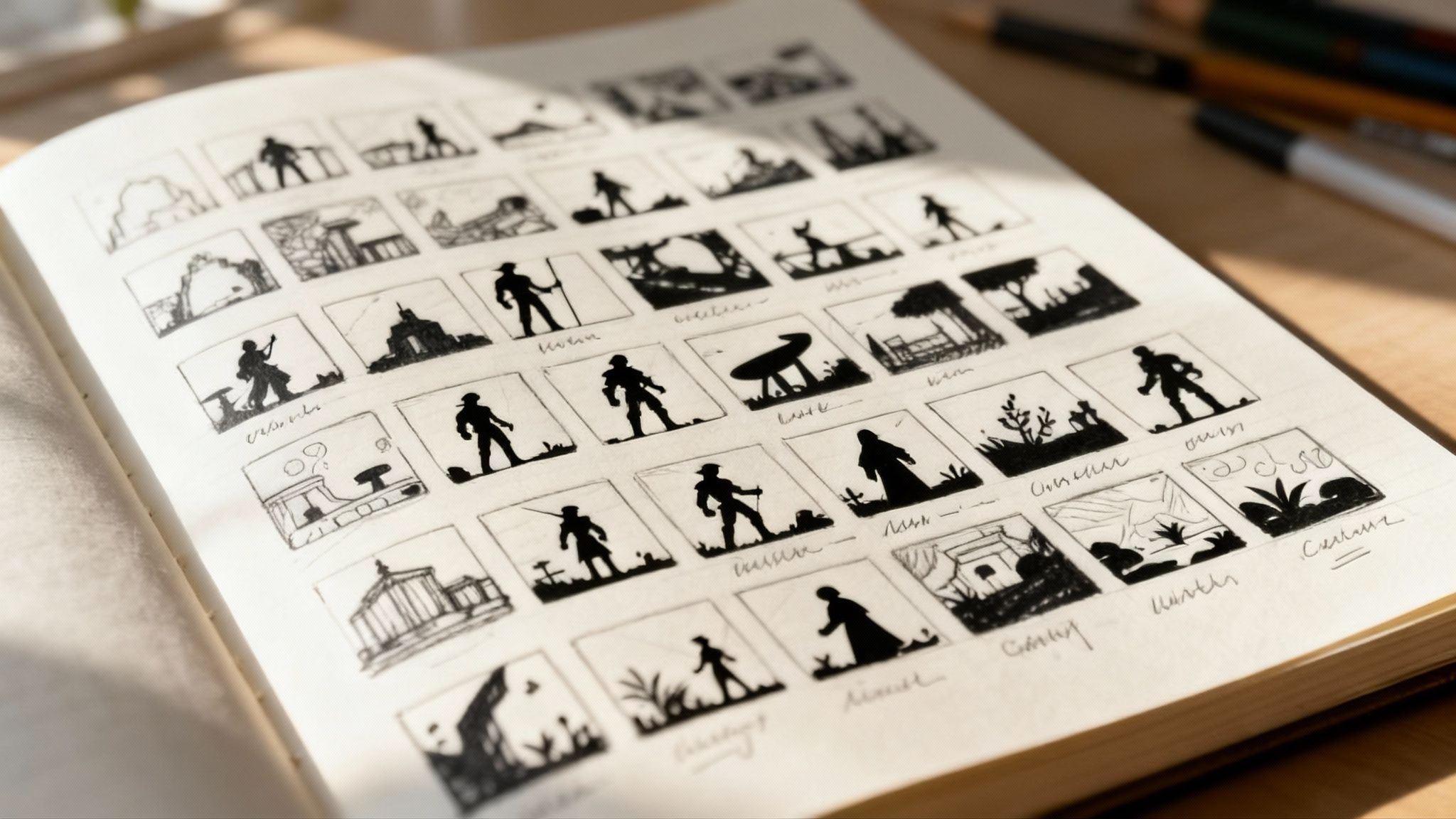 A concept artist sketching thumbnails of characters and environments on a digital tablet.