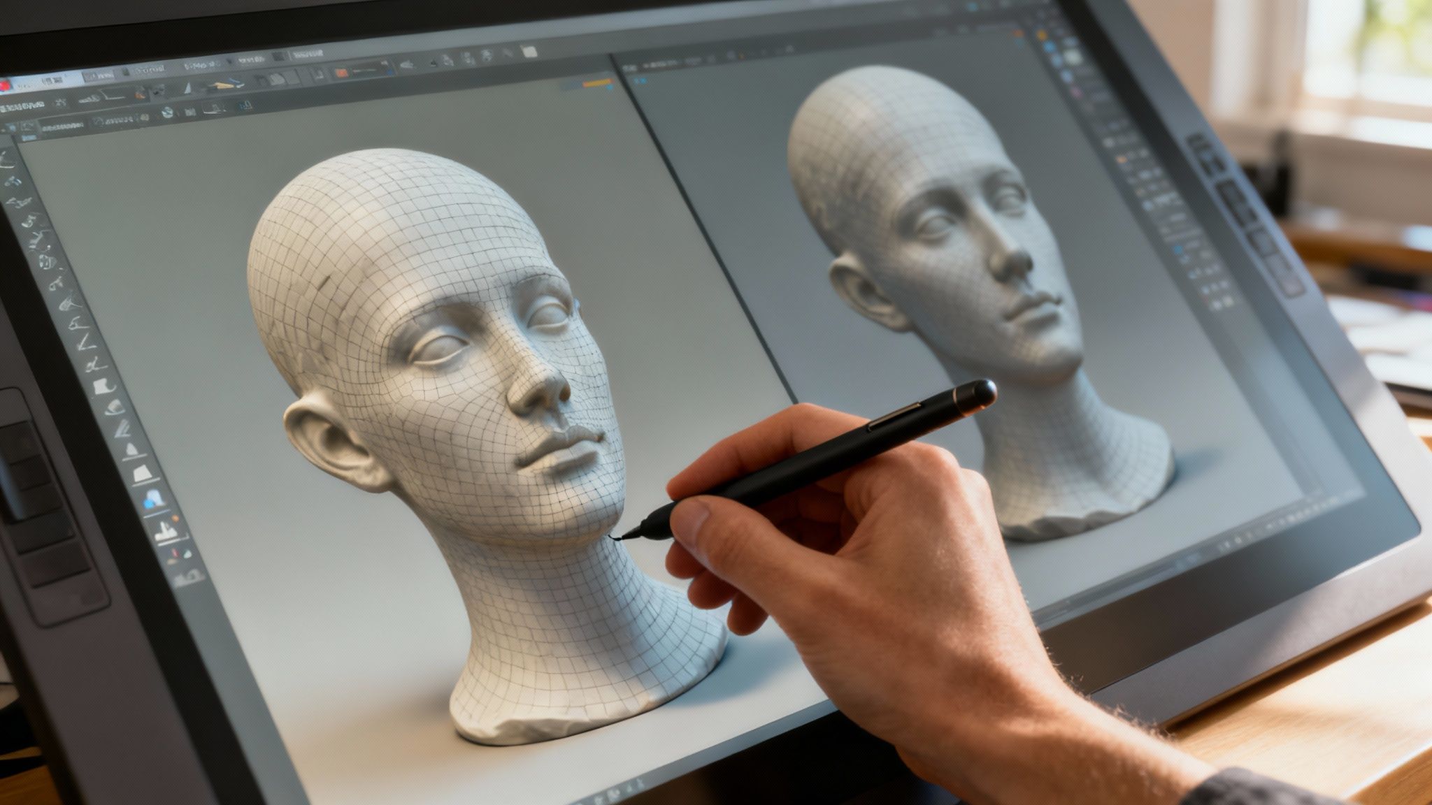 A 3D model being refined in a software interface, showing sculpting tools being used.