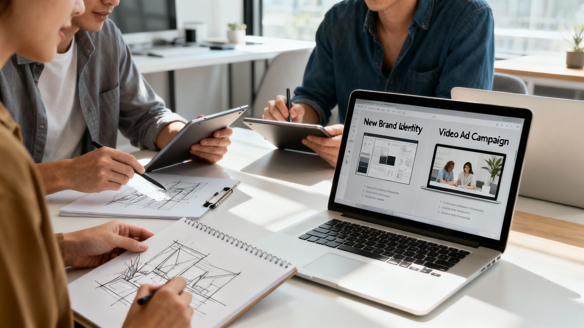 A group of creative professionals is in a modern office, gathered around a large screen displaying a project management dashboard.