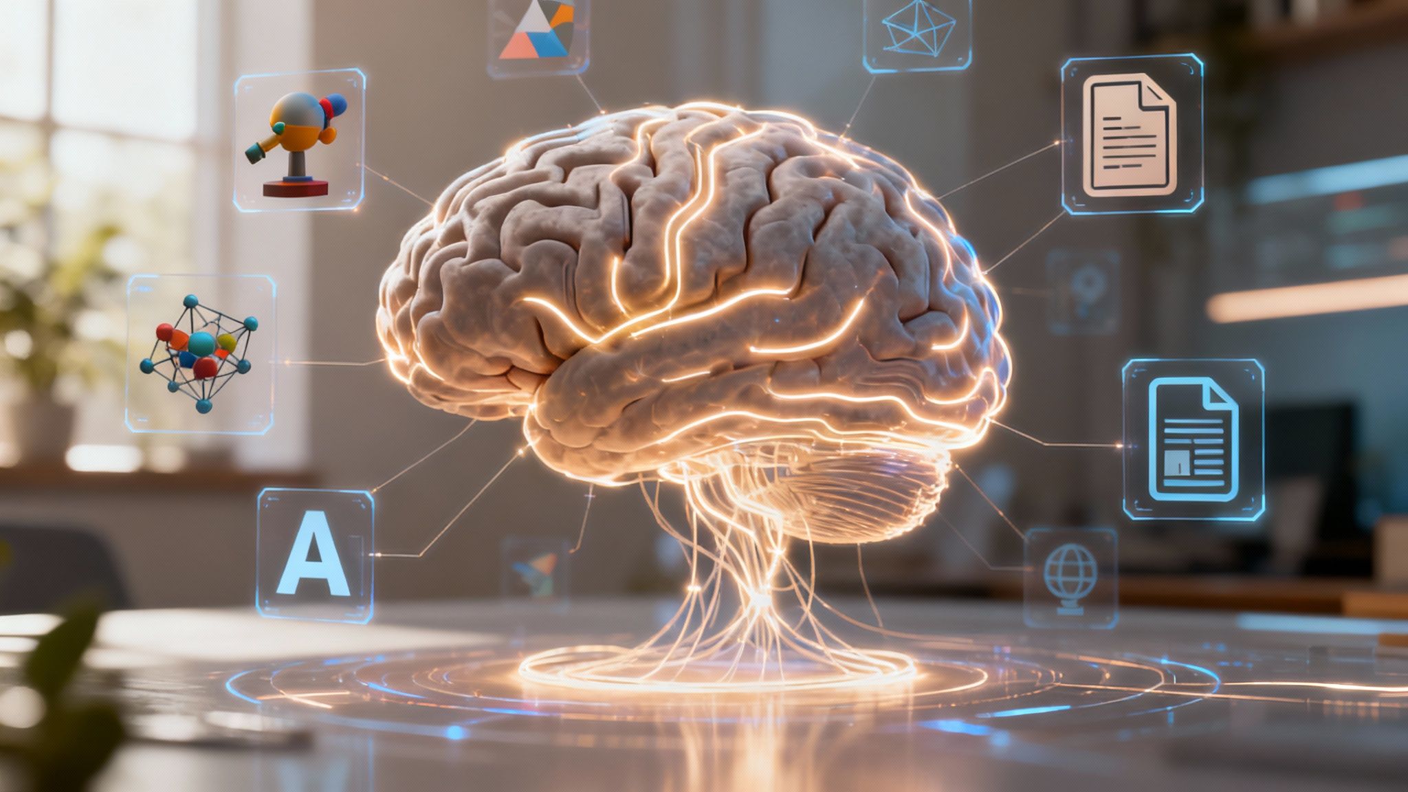 An AI interface overlaying a 3D creative pipeline, showing automated asset tagging and predictive analytics for resources.