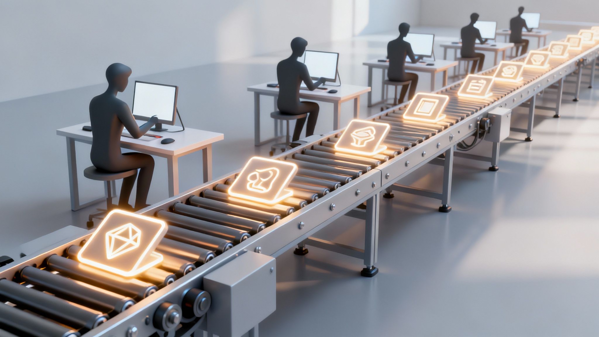 A team of diverse creative professionals collaborating around a large digital screen displaying a 3D model, illustrating the concept of a creative pipeline.