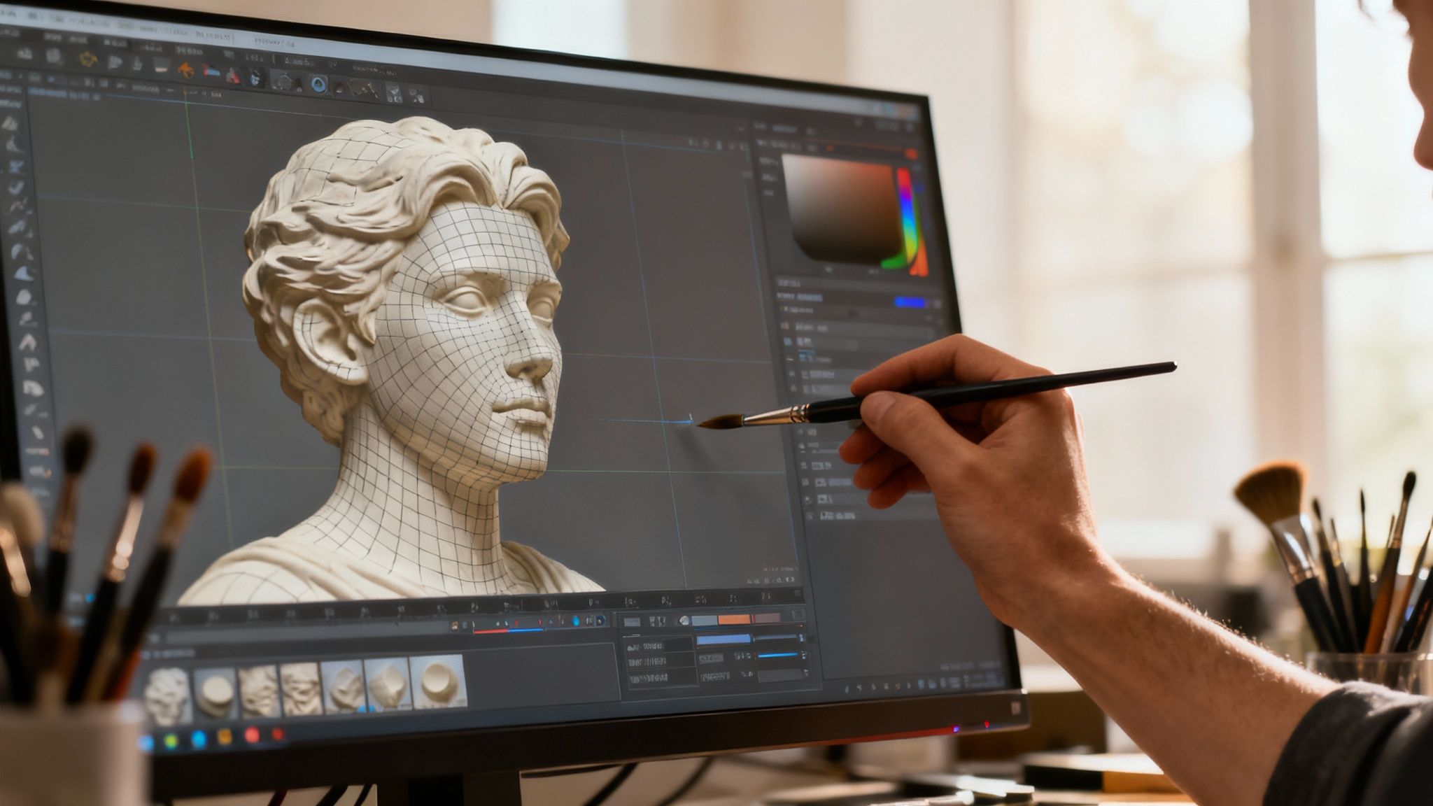 A 3D character model being refined on a computer screen, showing mesh and texture details.