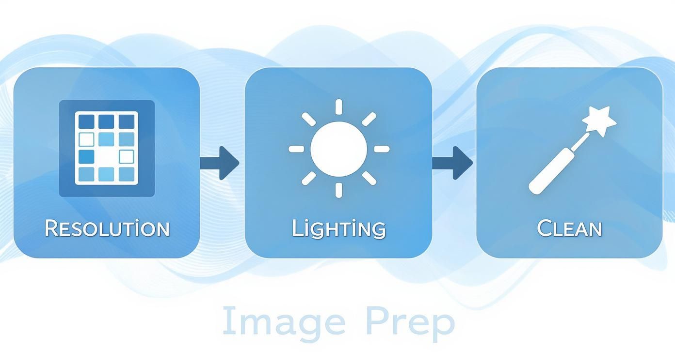 Infographic showing a 3-step image preparation process with icons for Resolution, Lighting, and a Clean background.