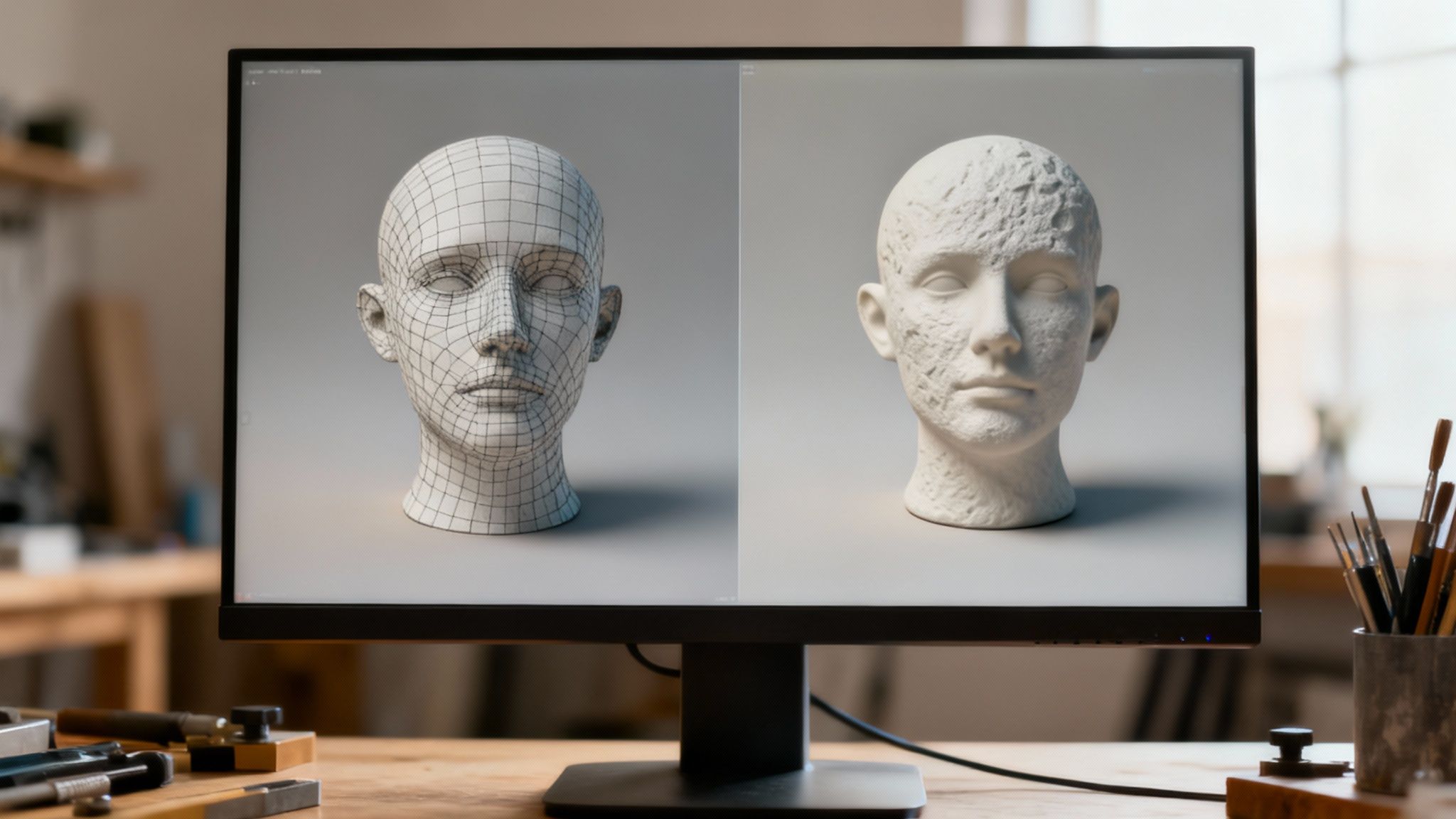 A close-up of a 3D model being refined, highlighting detailed texture and mesh work.