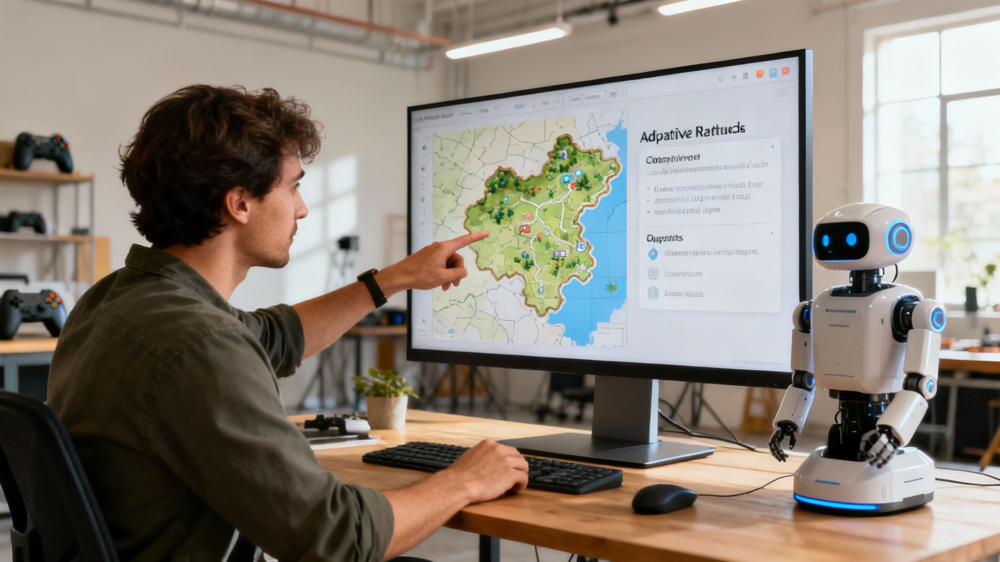 An AI helping a game developer design a futuristic world on a holographic interface.