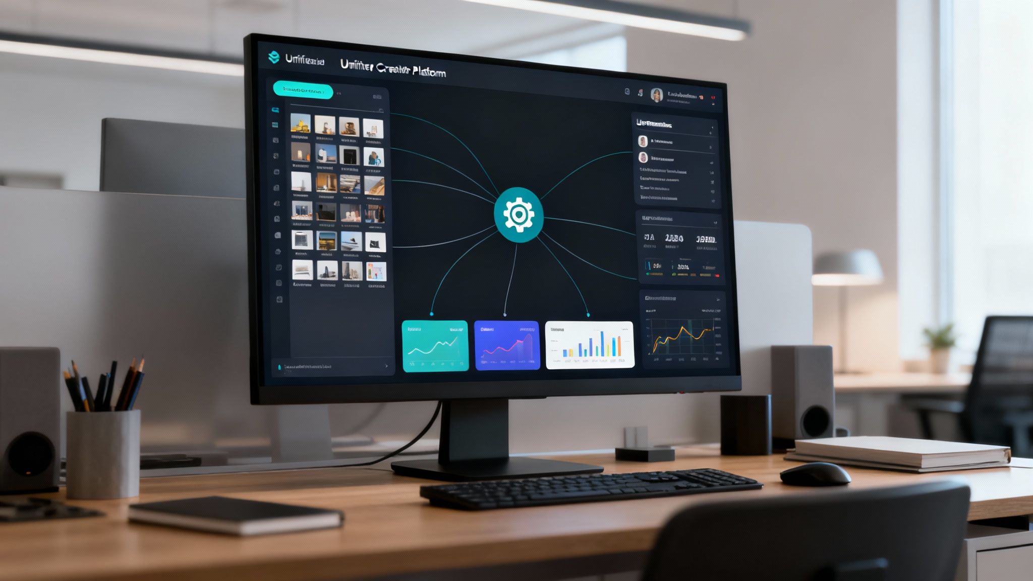 A designer using a unified AI platform interface showing 3D models, images, and video assets in one dashboard.