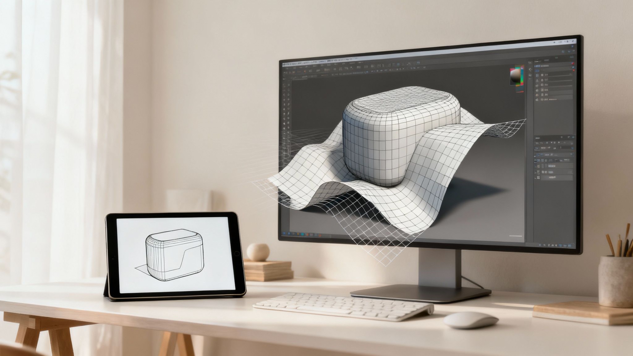 A creative professional working on a 3D model on a computer screen, representing the transformation from 2D to 3D.