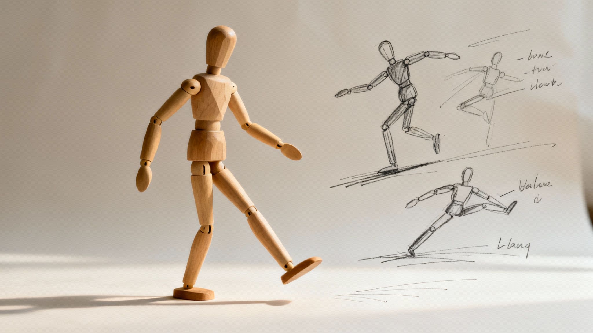 A dynamic digital sketch showing the underlying anatomical structure and gesture lines of a 2D character in an action pose.