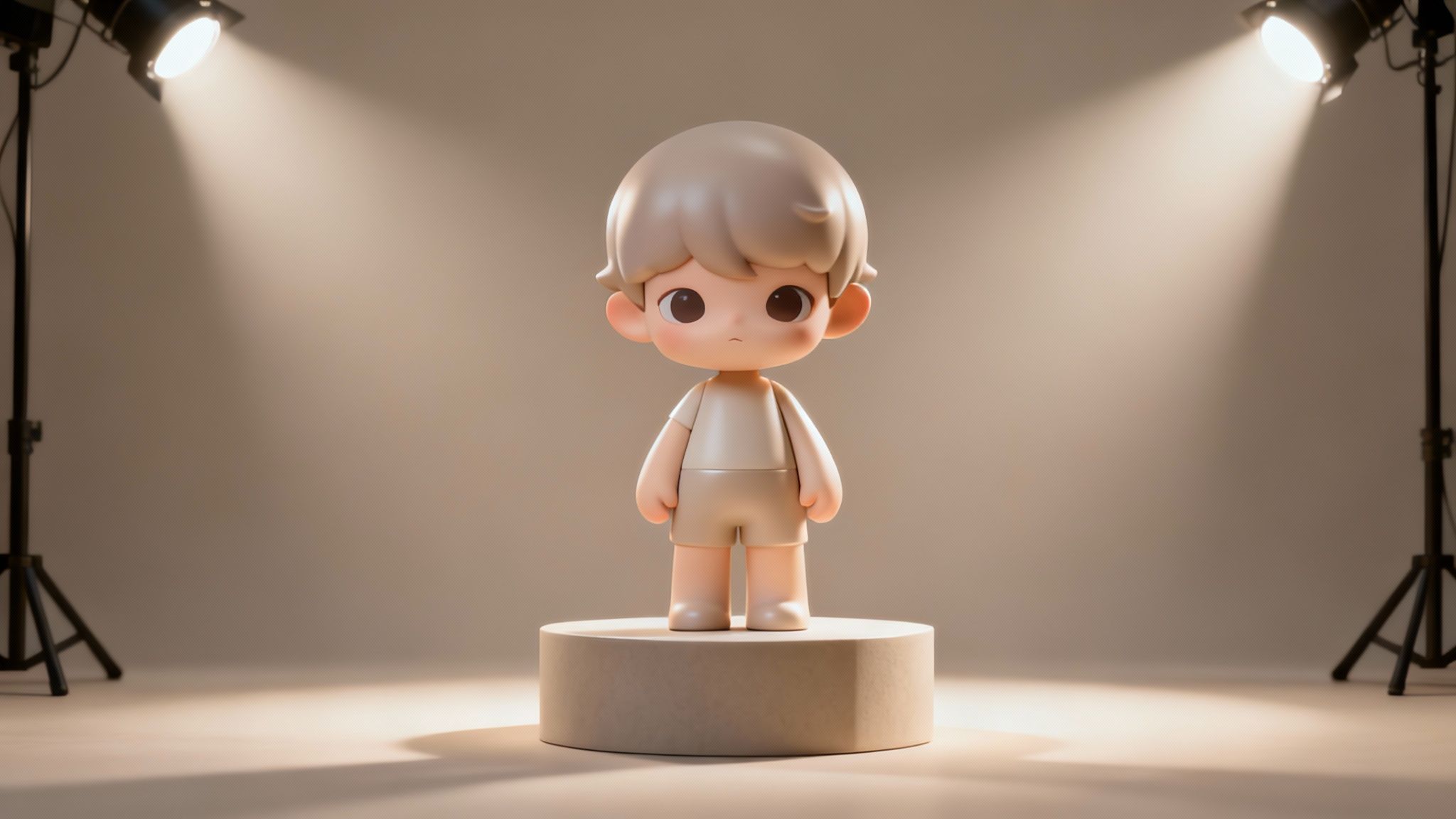 A final render of a 3D cartoon character in a dynamic pose against a simple background, highlighted by a three-point lighting setup.