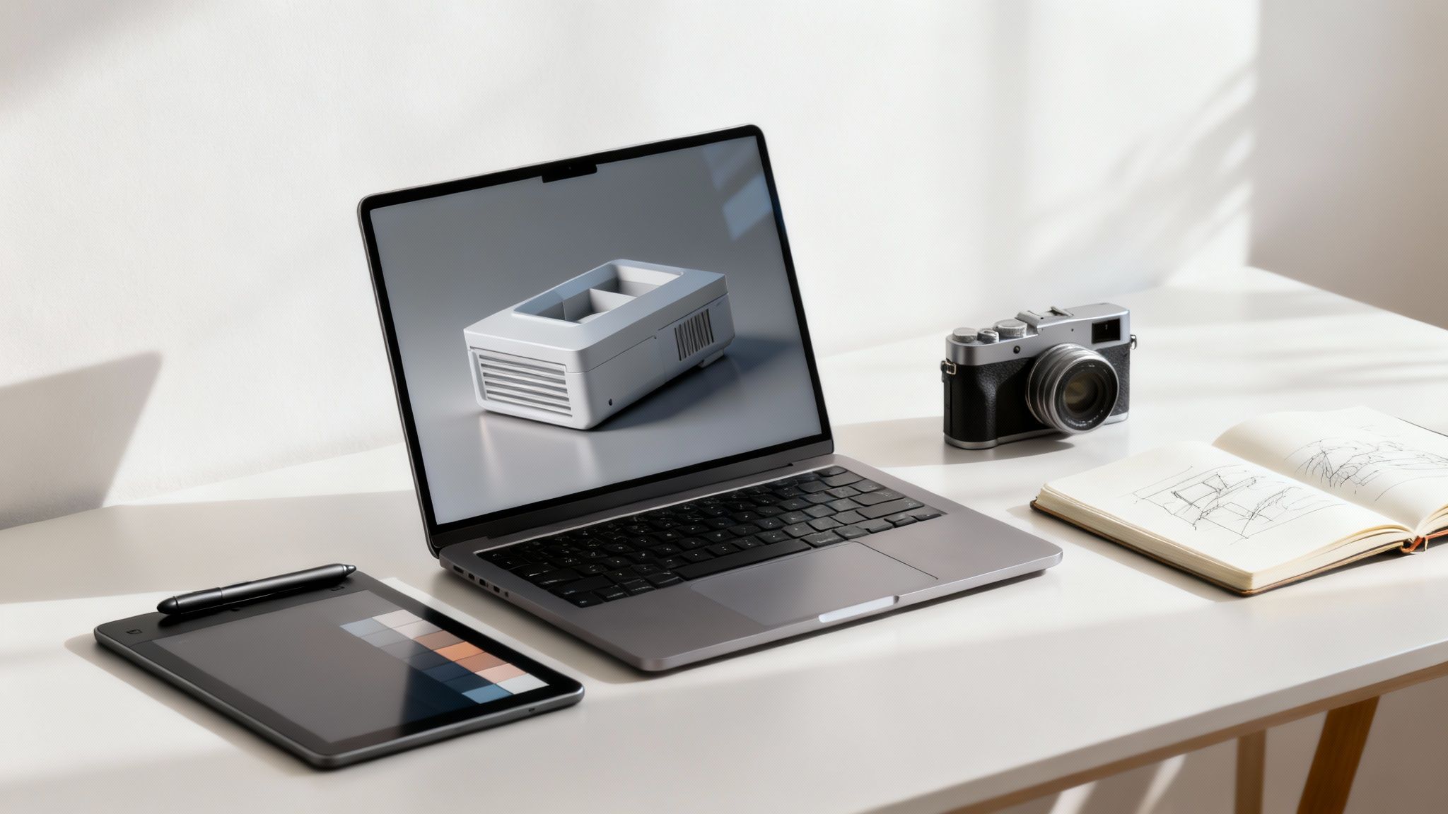 A digital artist using a tablet and stylus to create a vibrant 3D model on a computer.