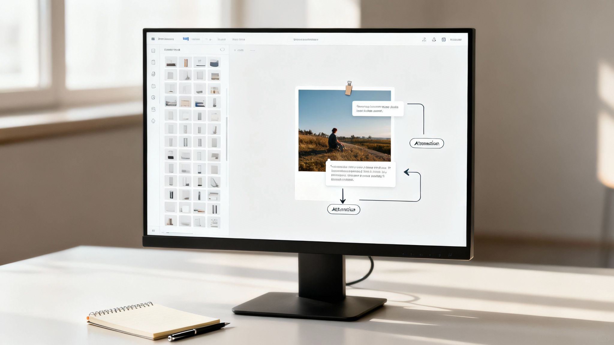 A design team reviews a project on a large screen, highlighting collaborative tools in creative workflow management software.