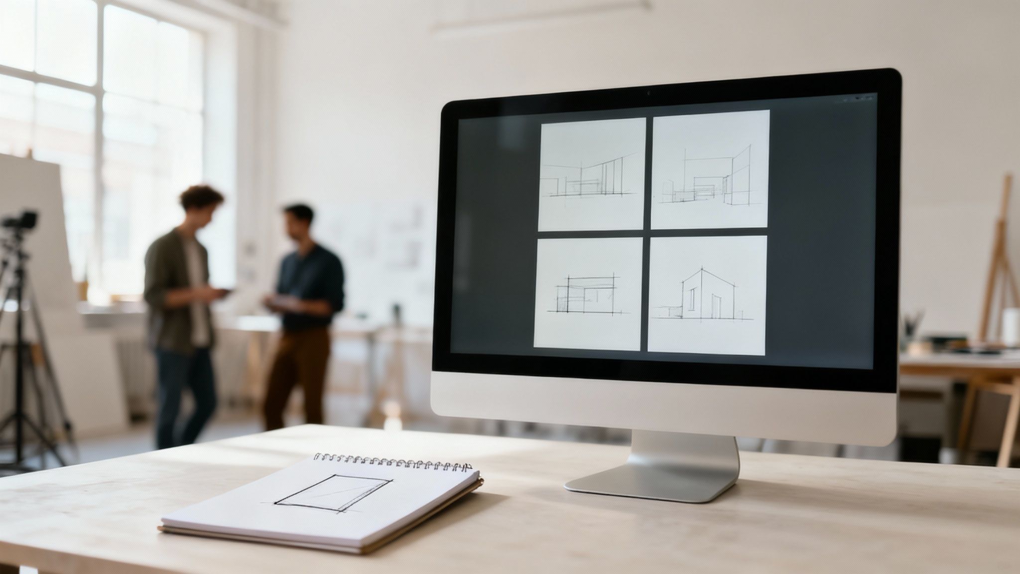 A creative team collaborating on a digital tablet in a modern studio environment.