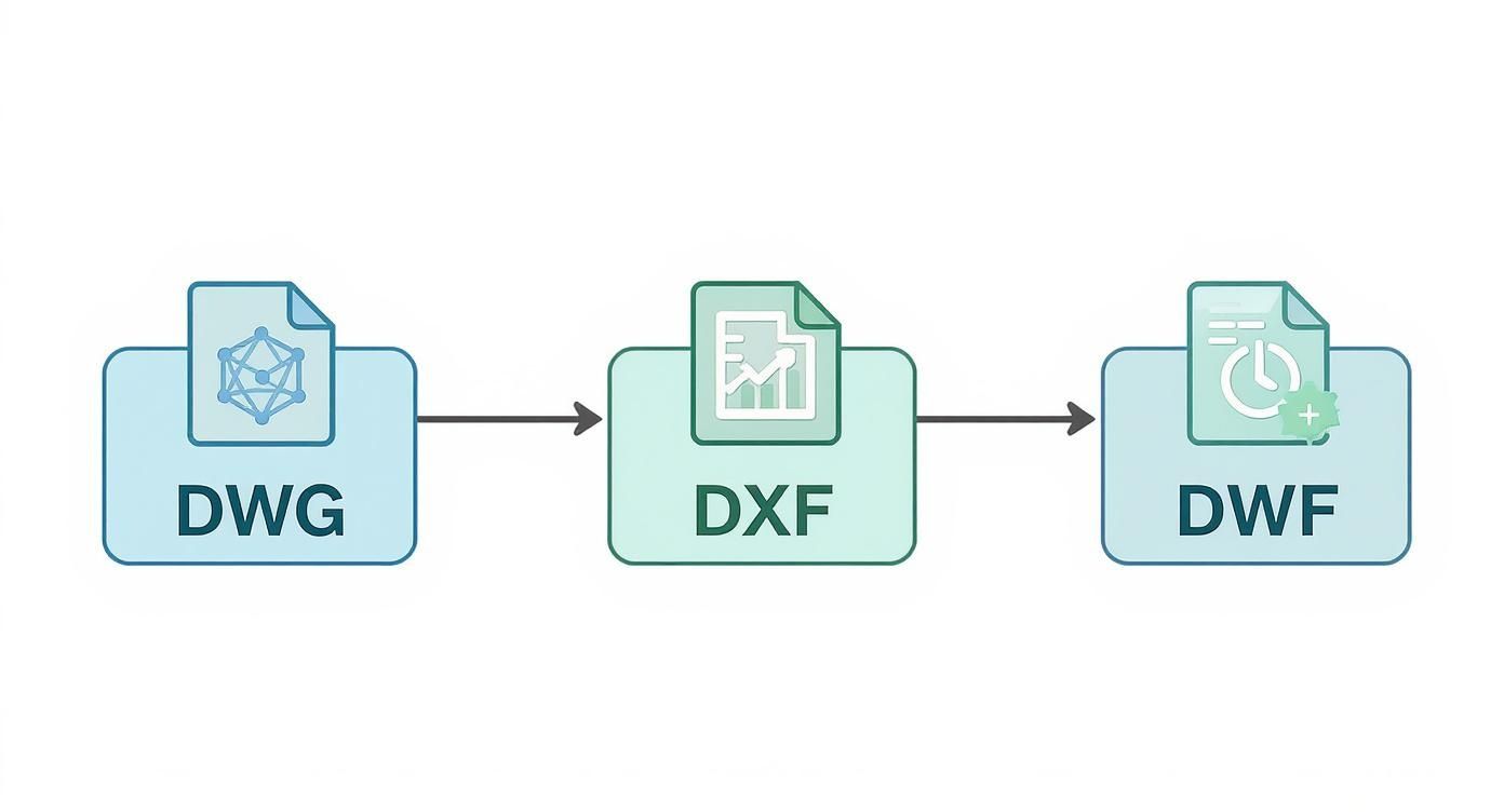 Workflow diagram showing file conversion from DWG format through DXF to DWF format with arrows