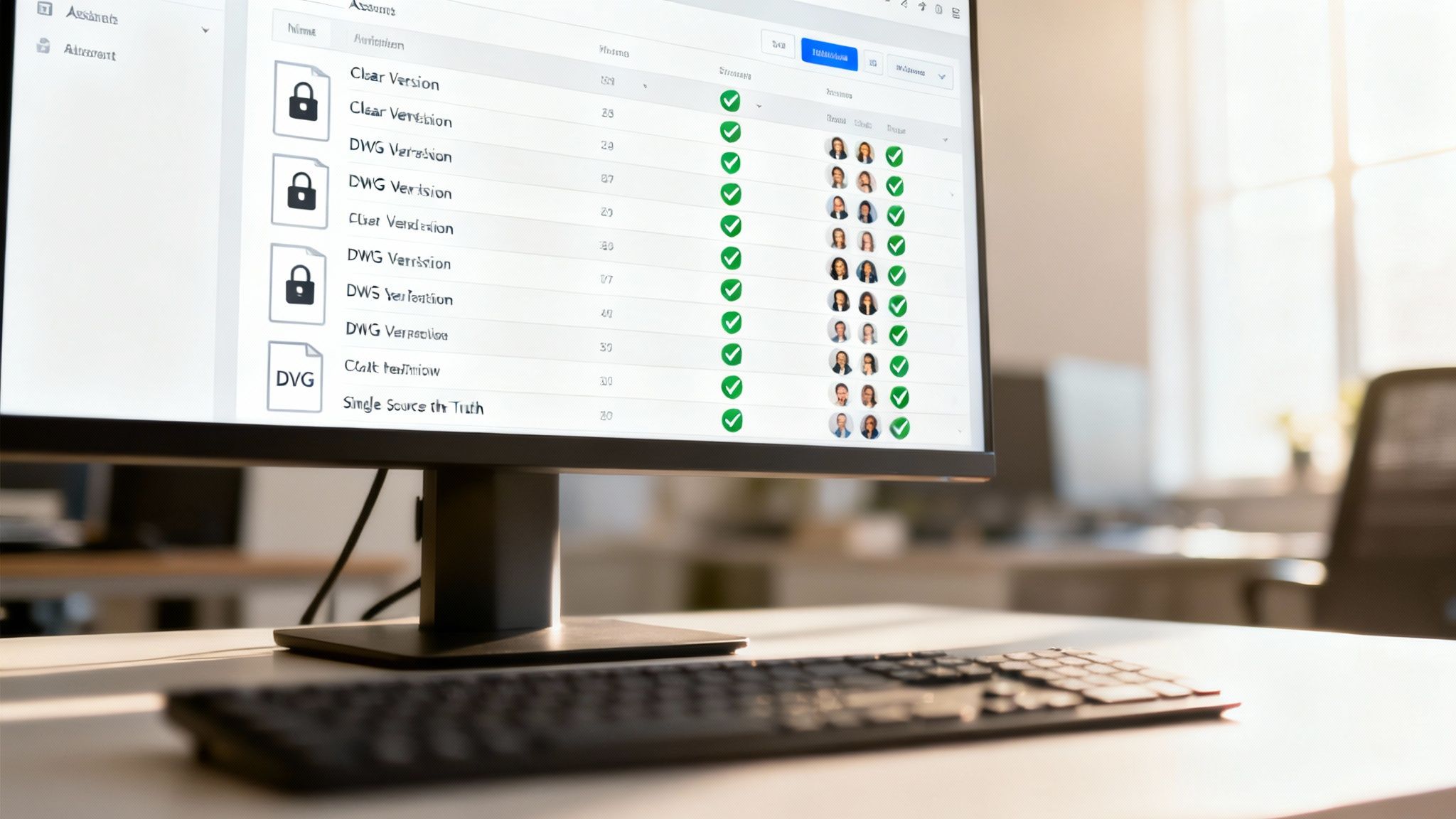 Computer monitor displaying DWG file version management interface with checkmarks and user avatars on desk