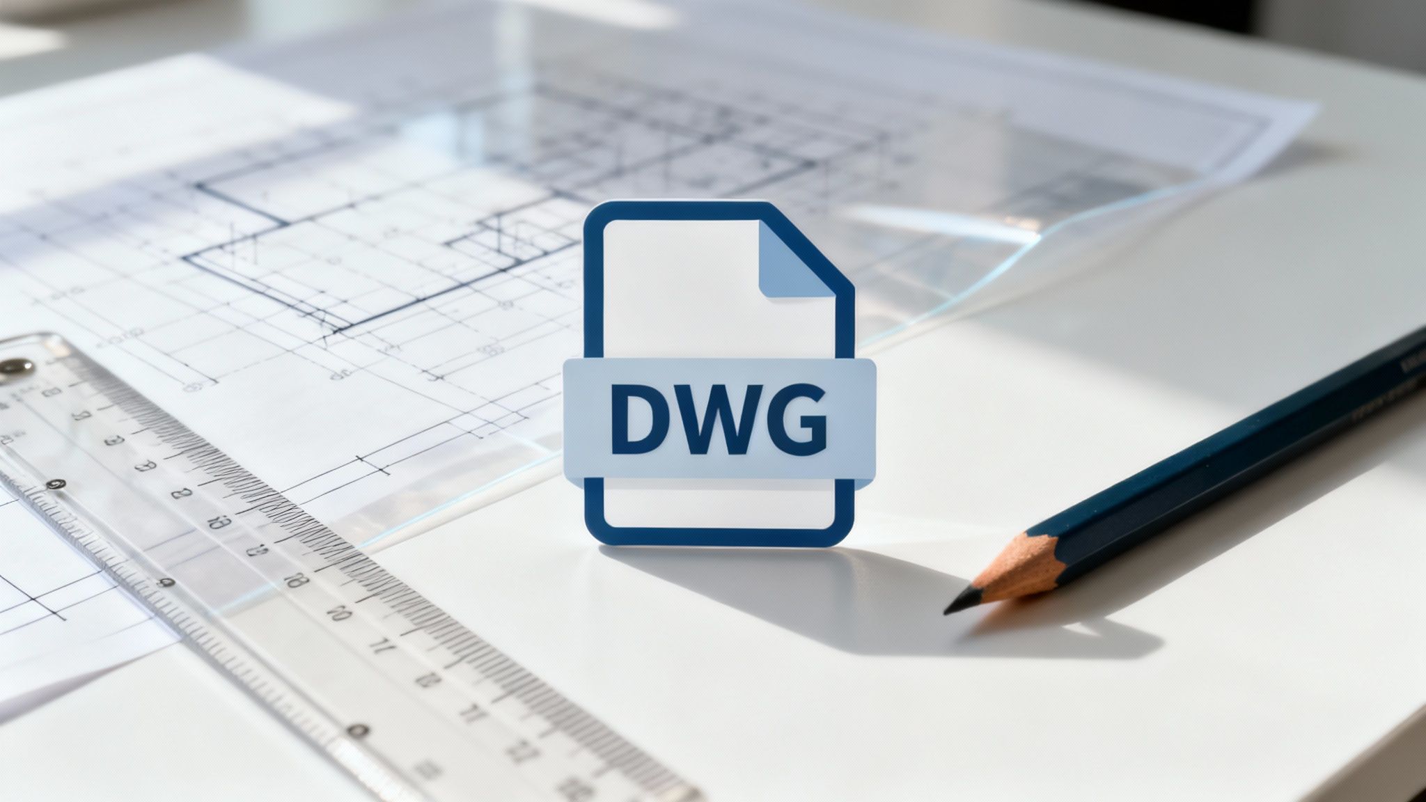 DWG file format icon displayed over architectural blueprints with ruler and pencil on desk