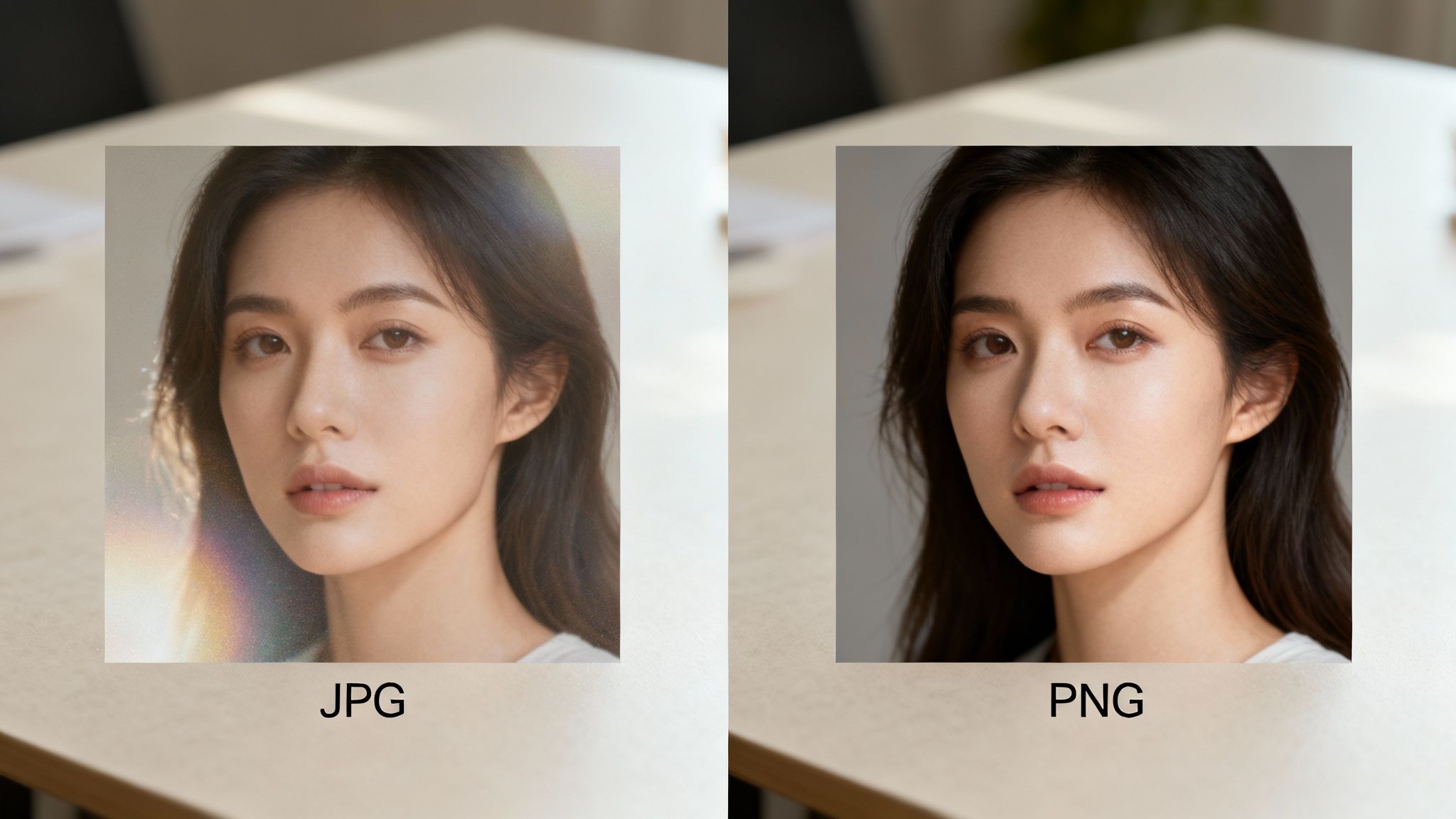 Side-by-side comparison of JPG and PNG image formats showing portrait photograph quality differences