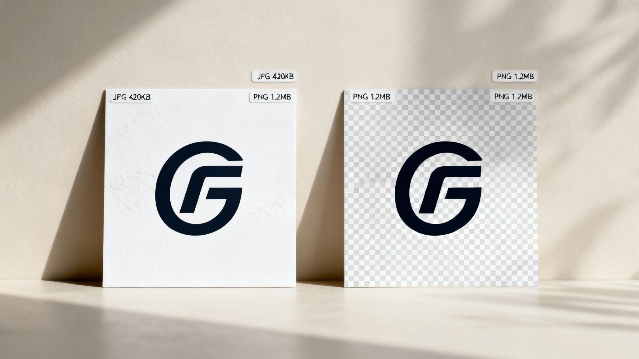 Side by side comparison of JPG and PNG file formats showing logo with file sizes