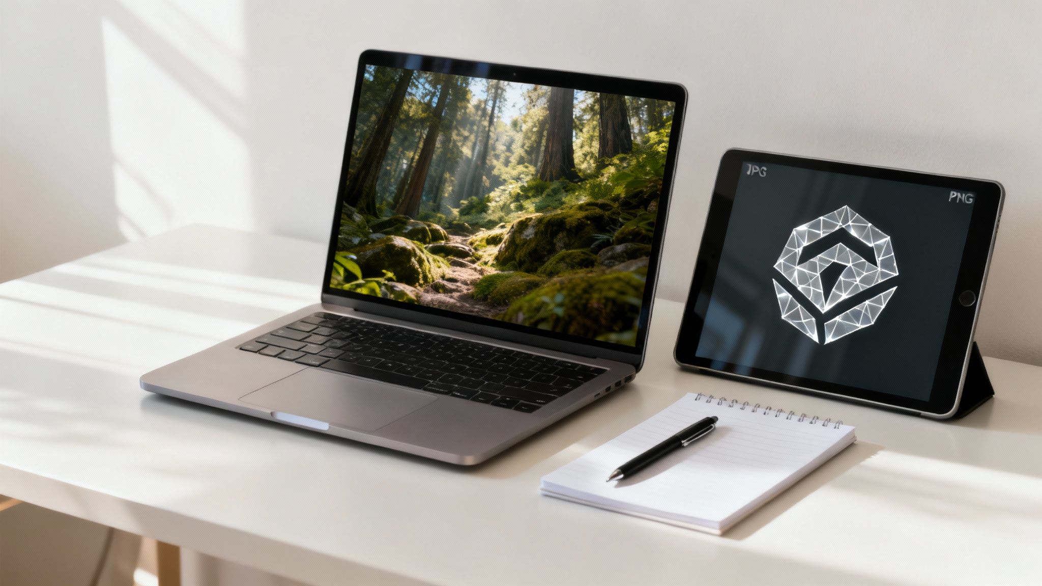 Laptop and tablet displaying image formats JPG and PNG on modern workspace desk