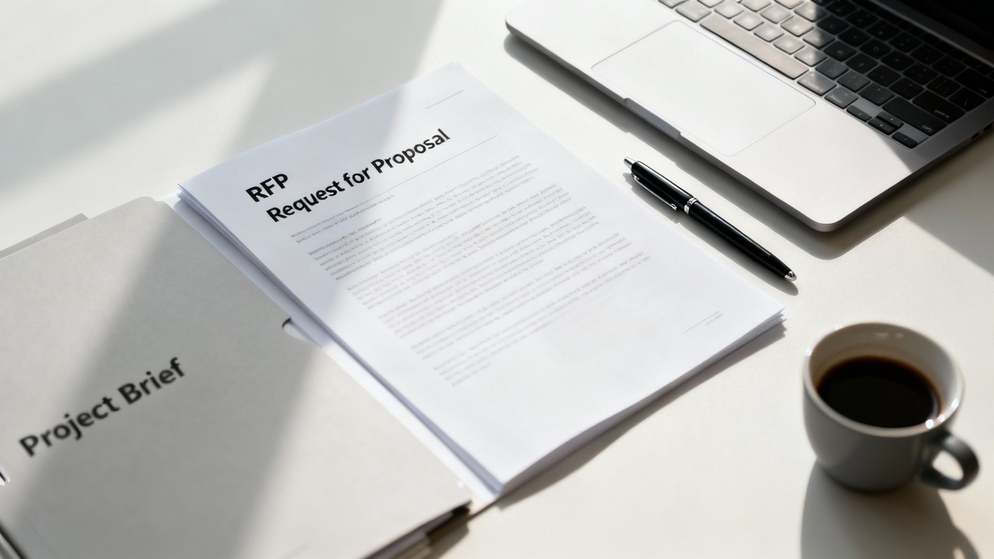 Request for Proposal document with project brief, laptop, pen and coffee on white desk