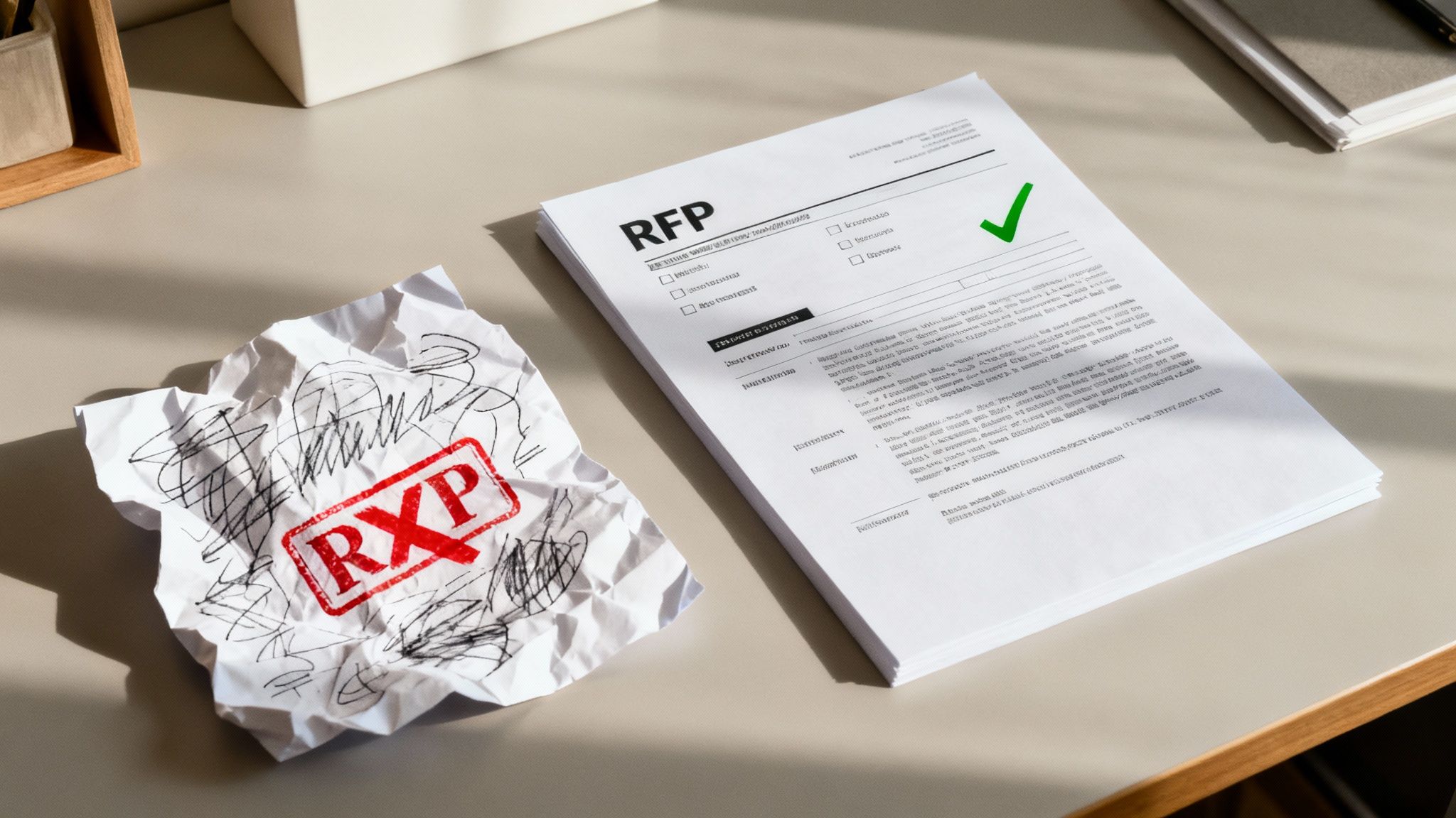 Crumpled rejected RXP document next to approved RFP request for proposal form with green checkmark
