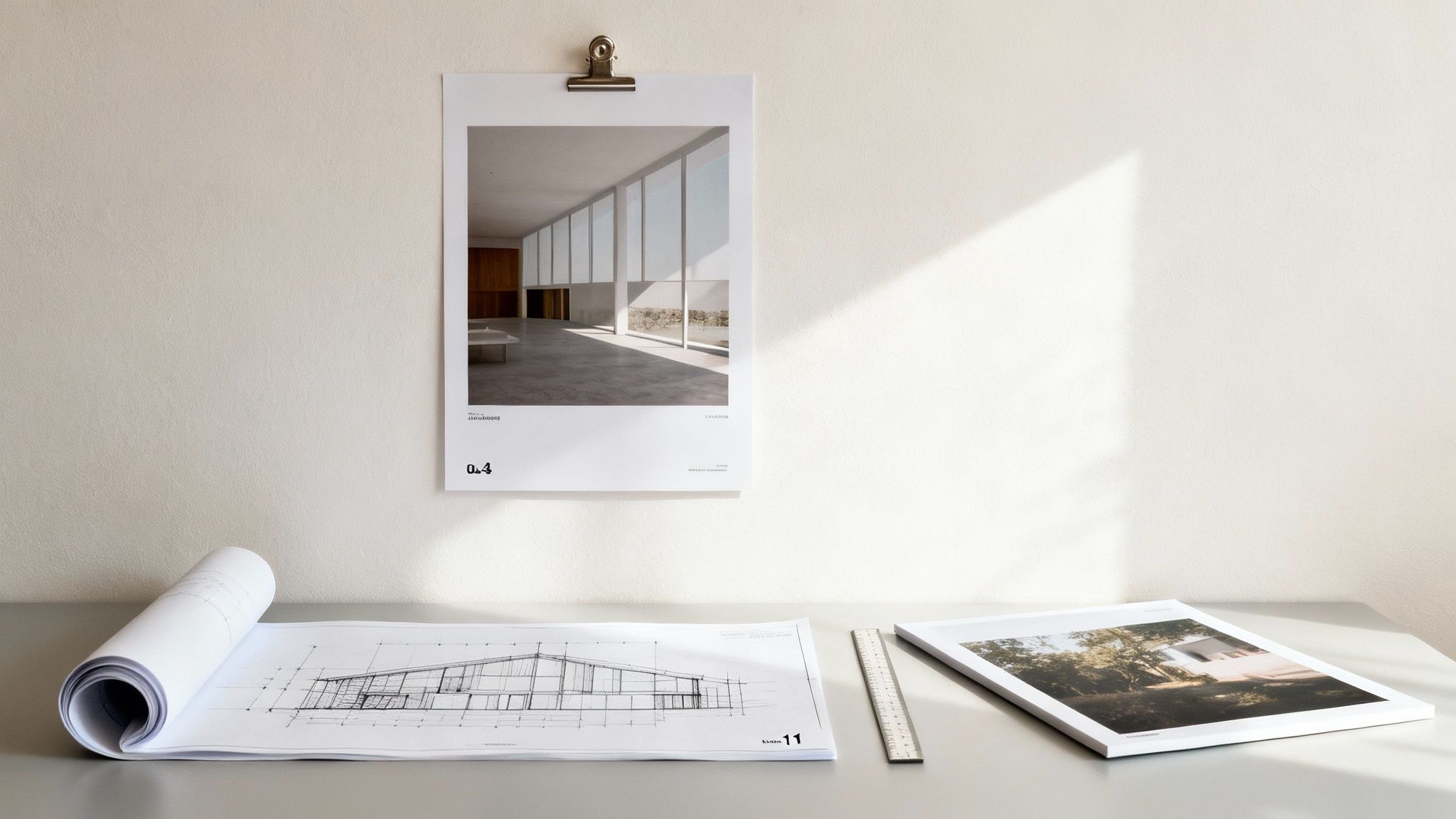 Architectural workspace with A3 blueprints, ruler, and minimalist interior design poster on wall